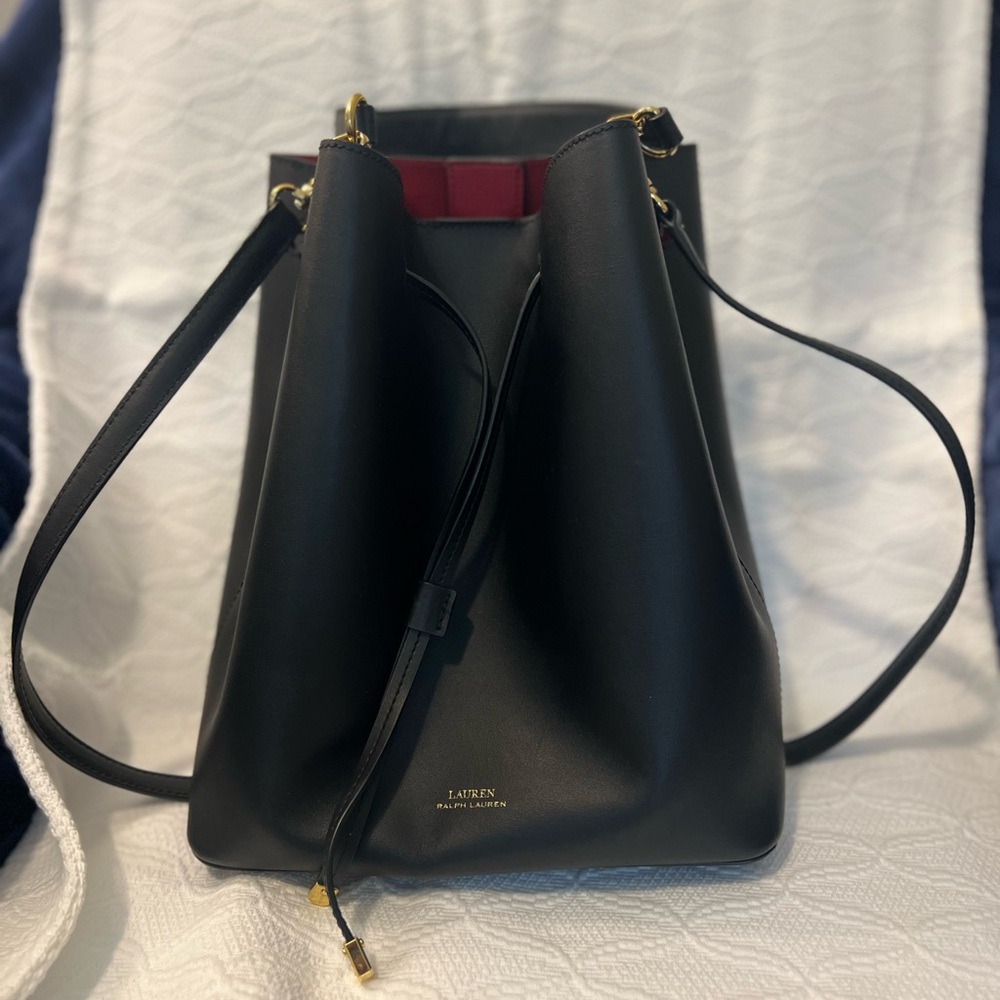 Lauren Ralph Lauren, medium, bucket tote, double straps, black leather